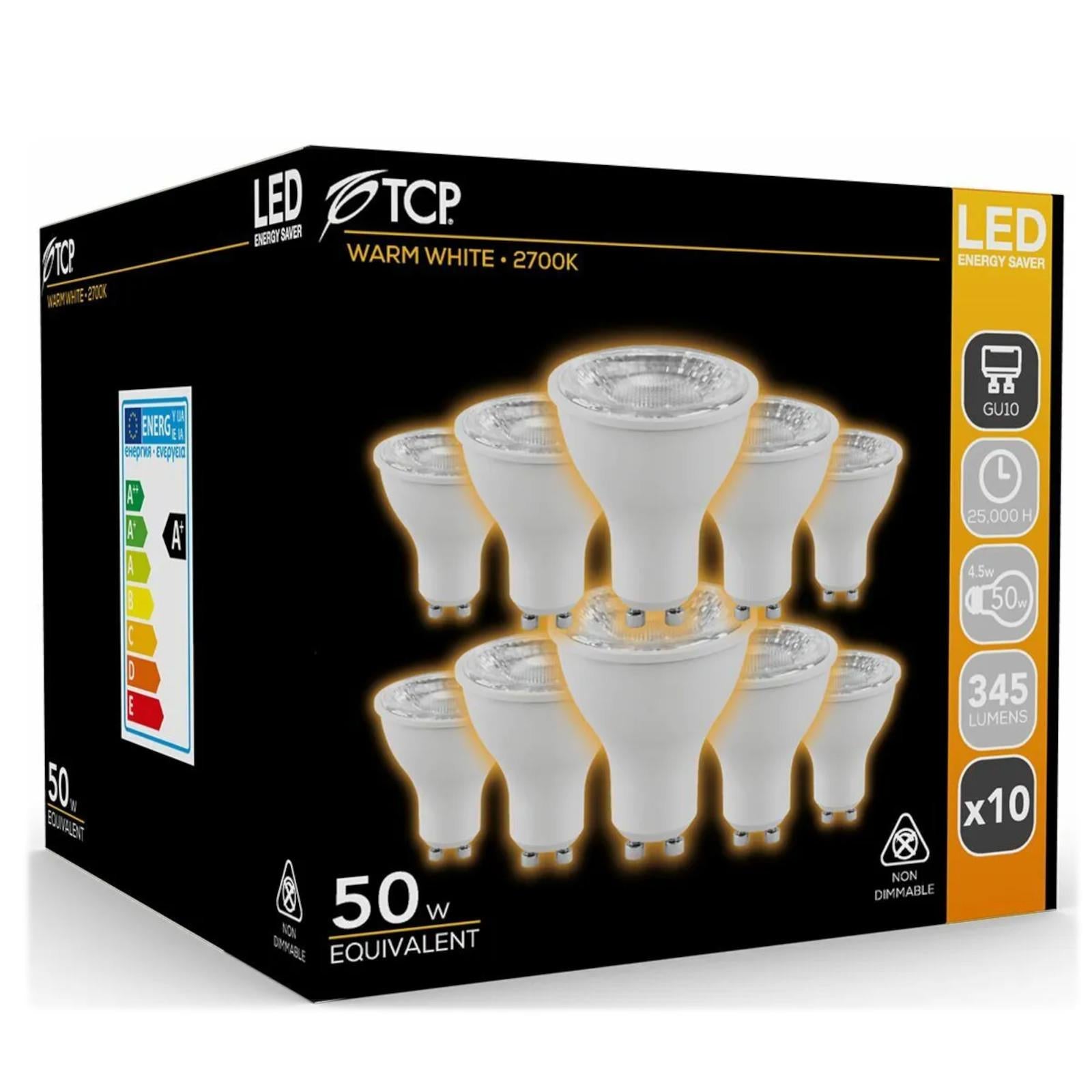TCP 345lm 4.5w 50w Warm White 2700K GU10 LED Spotlight Bulbs - 10 Pack