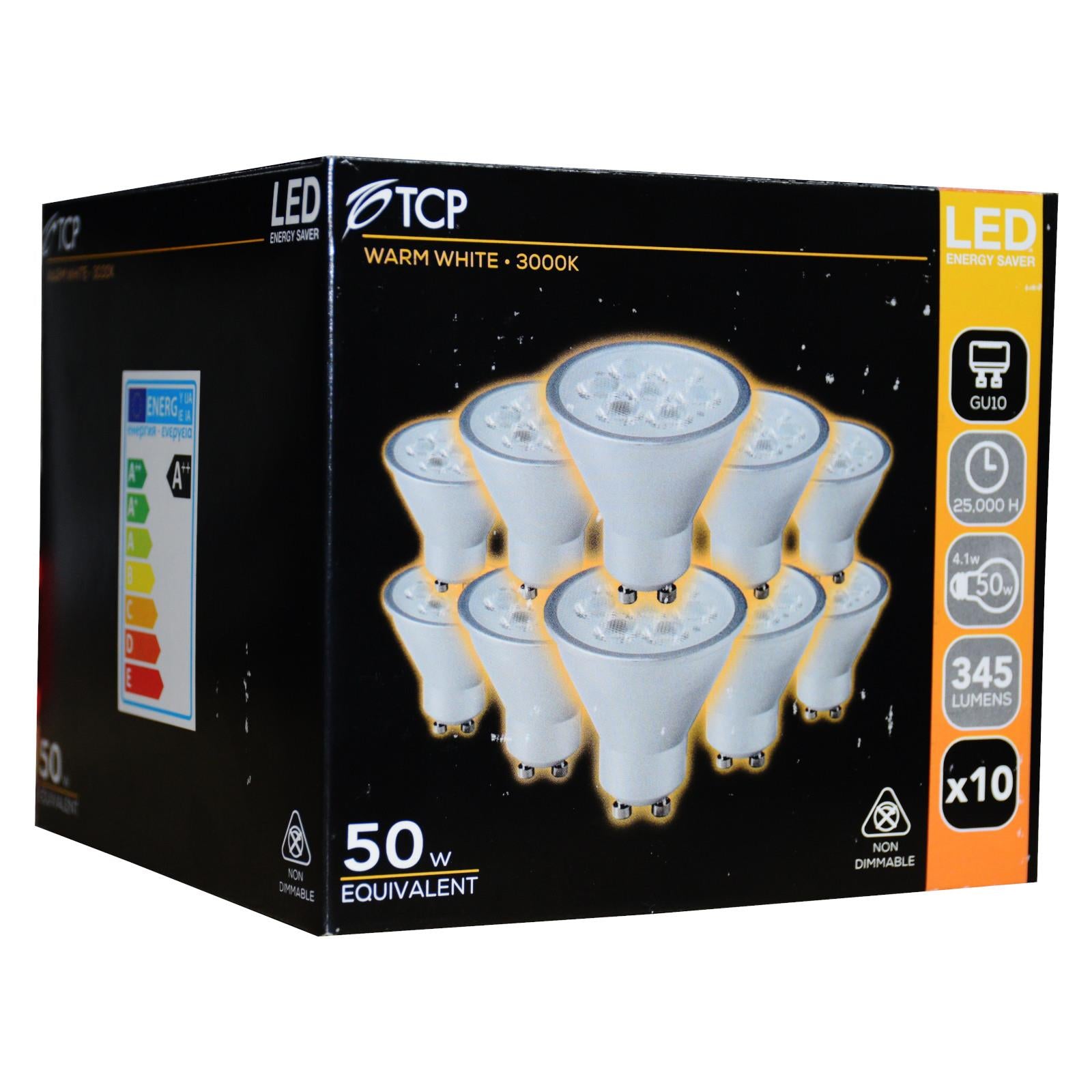 TCP 345lm 4.1w 50w Warm White 3000K GU10 LED Spotlight Bulbs - Silver Finish - 10 Pack
