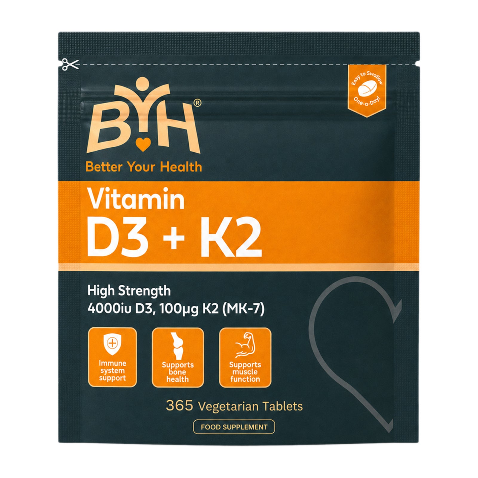 BYH Better Your Health High Strength Vitamin D3+K2 Tablets - 365 Vegetarian Tablets