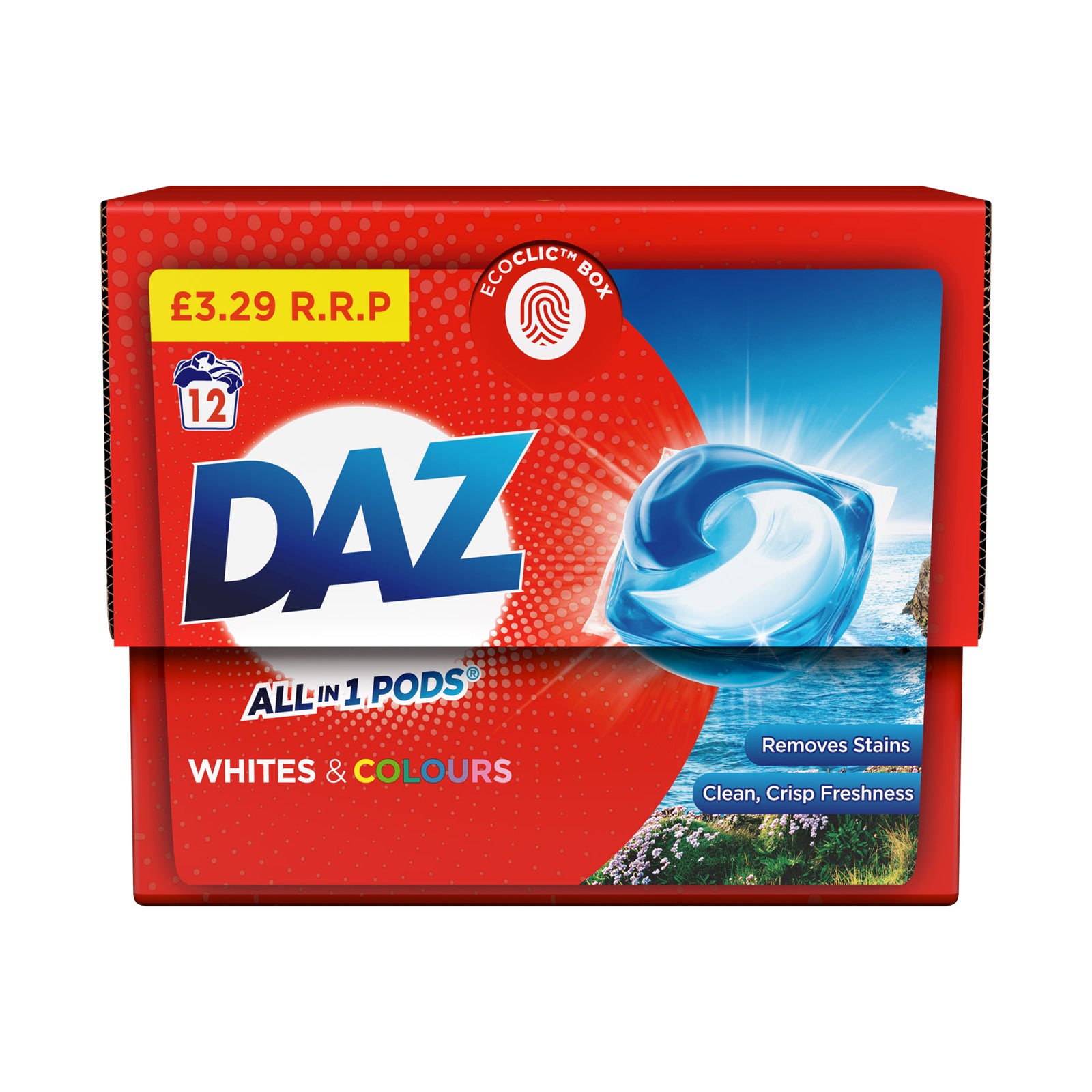 DAZ laundry detergent packaging with red and blue design on a white background