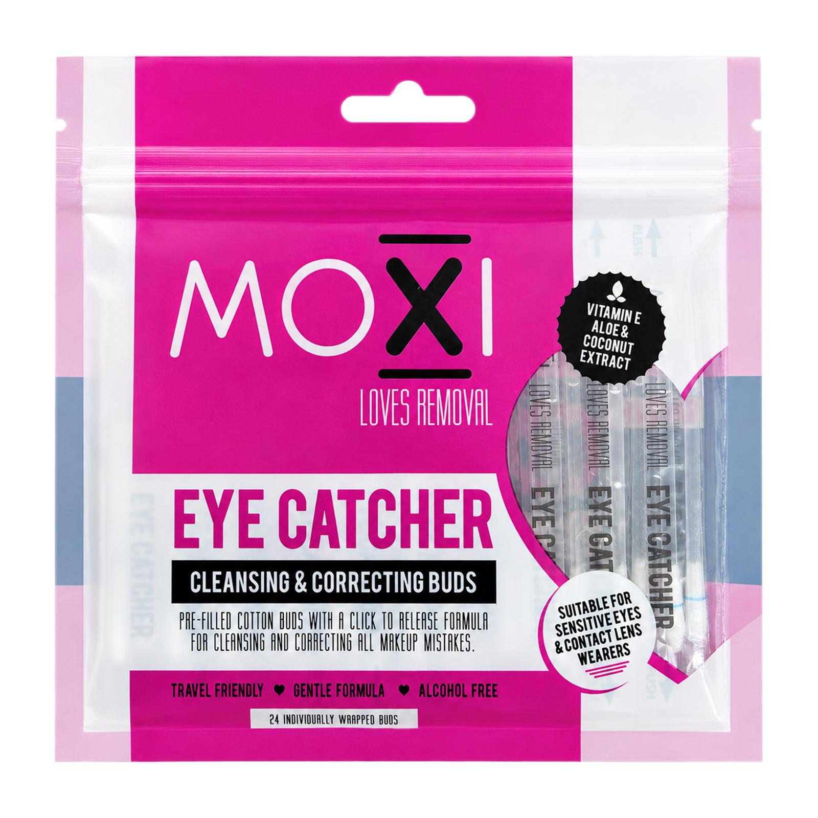 Moxi Loves Eye Catcher 24 Cleansing & Correcting Buds - Pre-Filled Cotton Buds for Makeup Removal
