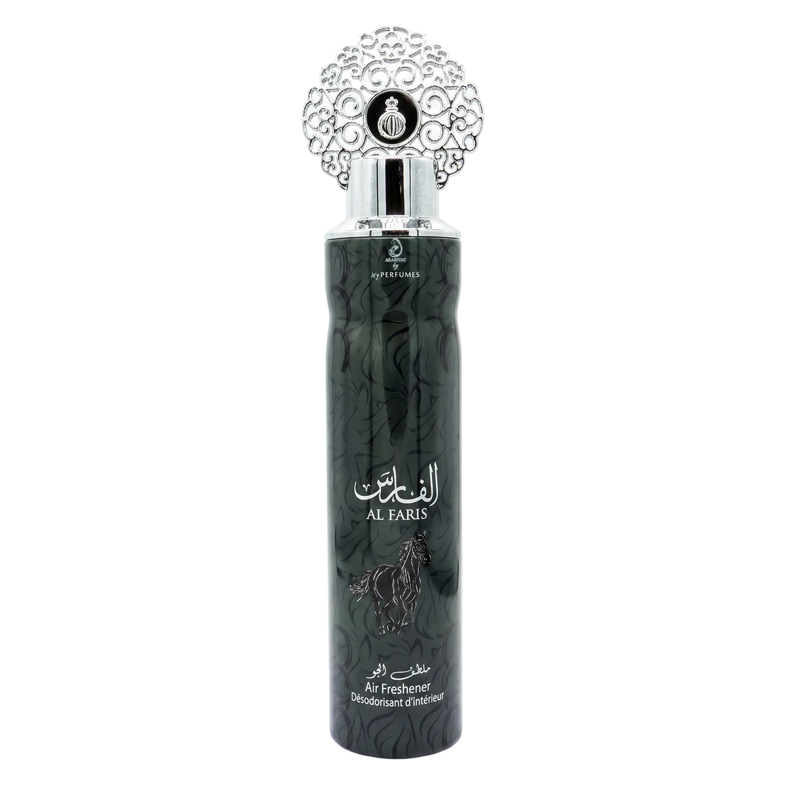 Al Farsi Air Freshener bottle in a sleek black cylindrical design with a decorative silver cap, set against a plain white background.