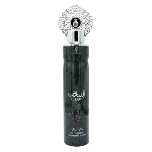 Al Farsi Air Freshener bottle in a sleek black cylindrical design with a decorative silver cap, set against a plain white background.