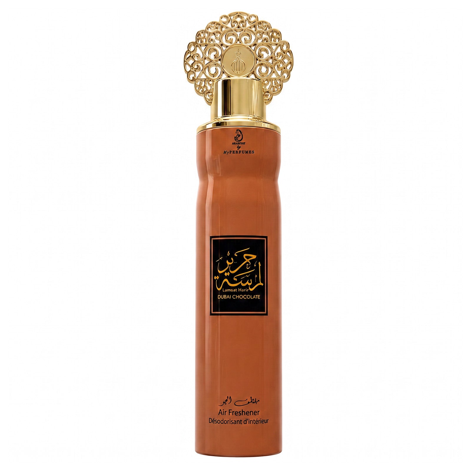 Al-Ahlia Air Freshener in a dark chocolate brown bottle with a gold cap and ornate gold top detail, on a white background.
